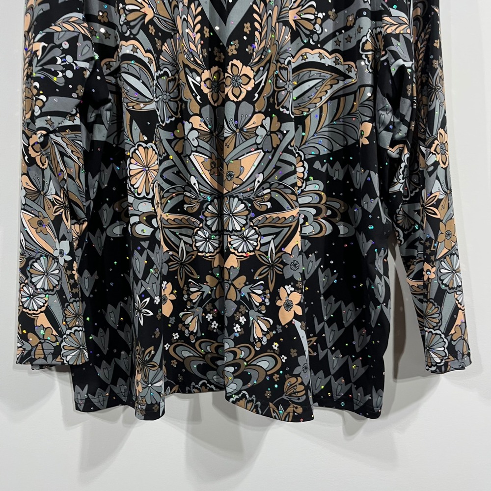 Bob Mackie Black Floral V-Neck Long Sleeve Blouse with Gray and Tan Accents. - Picture 5 of 11